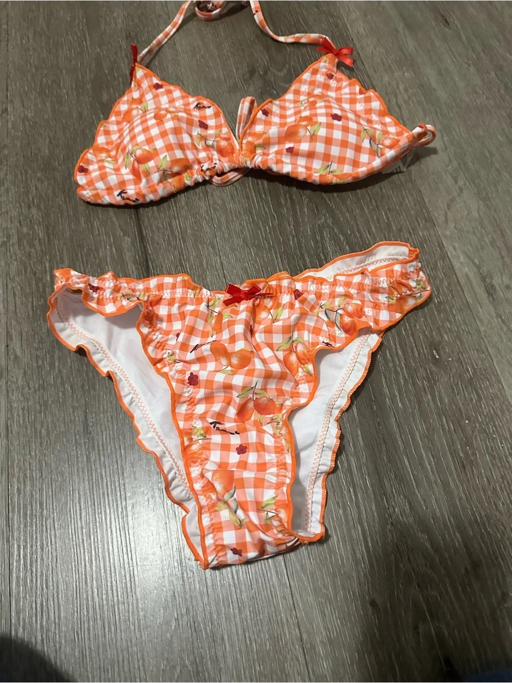Orange Gingham Floral Ruffle Bikini - Women Swim